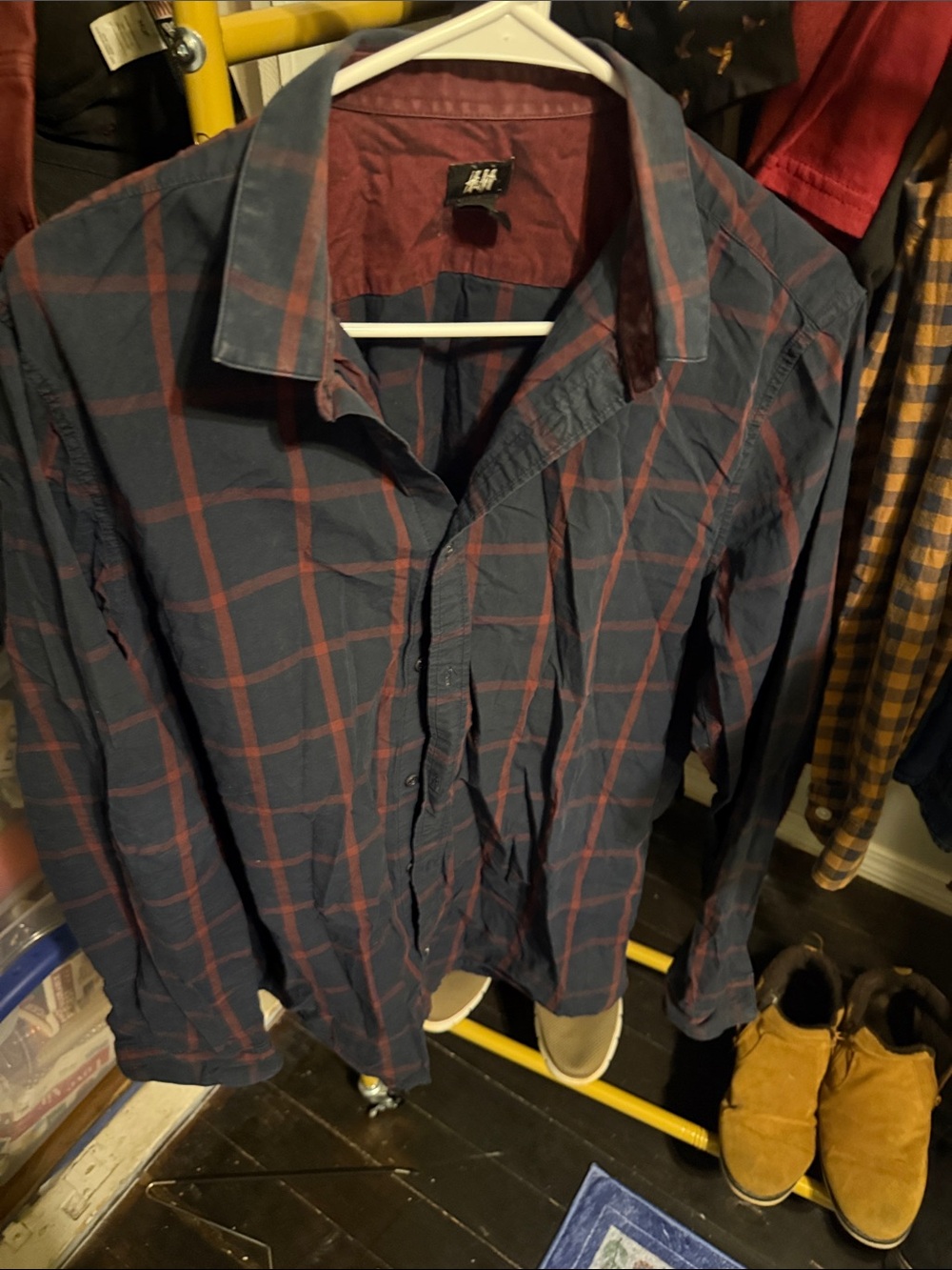 H&M Men's Navy and Maroon Plaid Shirt Jacket